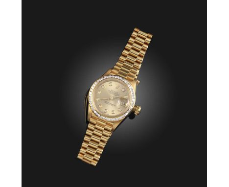 Rolex, a lady's gold and diamond wristwatch, 'Oyster Perpetual Datejust', ref. 69178, the circular gold dial with single-cut 