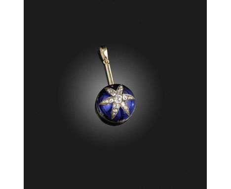 A Victorian enamel and diamond pendant, late 19th century and later, the domed pendant applied with blue enamel with a gold f