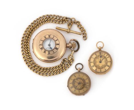 A gold plated half hunting cased pocket watch, subsidiary seconds dial, 5cm wide, with a silver gilt curb link watch chain an