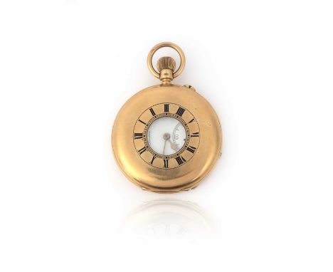 An 18ct gold half hunting cased pocket watch, white enamel dial with black Roman numerals, subsidiary seconds dial and signed