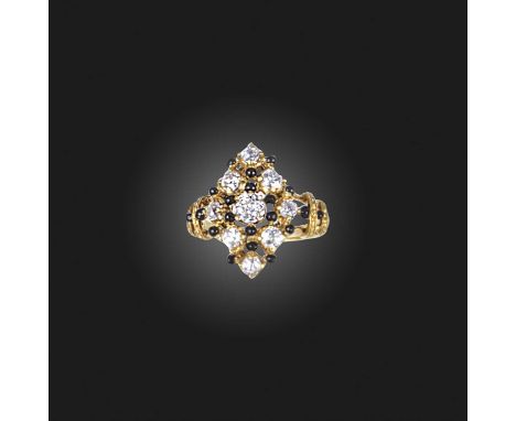 An enamel and diamond ring, of navette outline, set with circular-cut diamonds, accented with black enamel, mounted in gold, 
