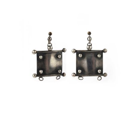 Φ Φ Attributed to Alan Davie (1920-2014) a pair of silver drop earrings, C1950, of square design, set with four spheres to ea