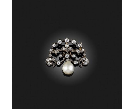 A natural pearl and diamond brooch, late 19th century, of scrolling crescent design set with cushion-shaped diamonds, suspend