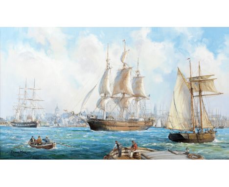 Barry Mason (British, born 1947)'The East River, New York, 1850' signed 'Barry Mason' (lower left), signed and titled (on can