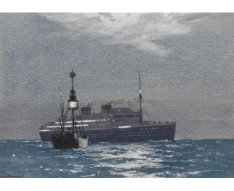 Norman Wilkinson (British, 1878-1971)The MV Britannic passing Liverpool's Mersey Bar lightship signed 'N.WILKINSON' (lower le