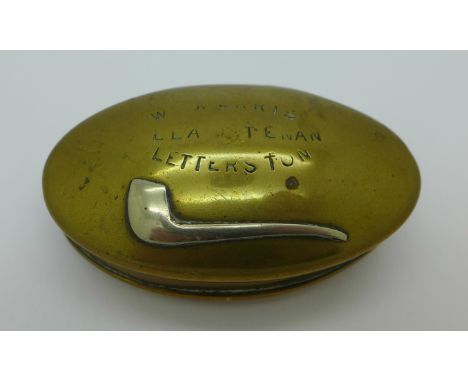 A brass Welsh miner's snuff box or tobacco box decorated with a pipe, W. Morris, Letterston