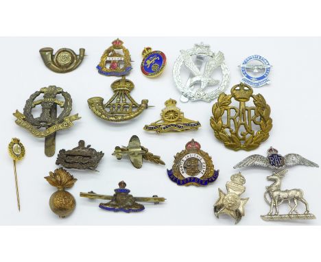 Military badges, etc., including one Queen Victoria's Rifles button hole badge by Gaunt, London