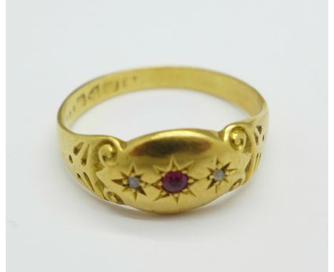 An 18ct gold, diamond and ruby ring, Chester 1902, 2.7g, R