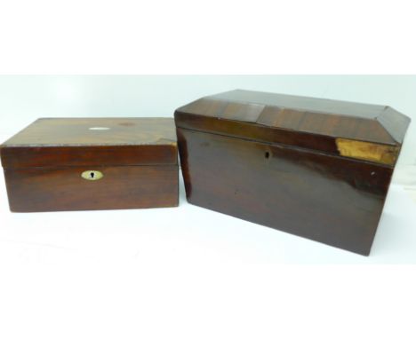 A sarcophagus shaped tea caddy and a work box, both lacking interiors
