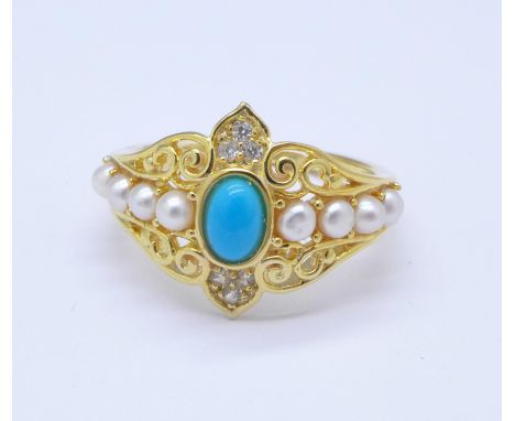 A silver gilt, 'turquoise' and 'pearl' ring, R