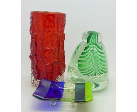 A Whitefriars red glass bark vase and two pieces of studio glass including one Australian signed R. Stokes, Whitefriars 14.5c