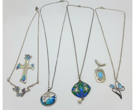 Silver jewellery including an enamelled Art Nouveau pendant hallmarked Birmingham 1911, three other enamelled pendants and a 