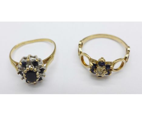 Two 9ct gold cluster rings, one set with a diamond, 3g, K and M