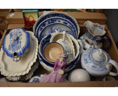A selection of assorted blue and white items including three lidded terrines in willow pattern, a Copeland Earthenware soup t