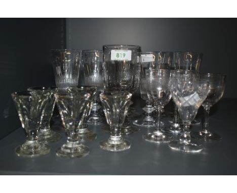 Nine vintage spirit glasses sold with five liqueur glasses and a small selection of etched glasses.