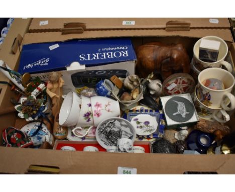 A miscellaneous selection of items including a Roberts Chronoplus 2 radio alarm clock, a wooden elephant study, four Lakeland