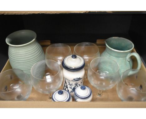 A Lovatts ridged vase in green and a similar jug AF, six gin balloon glasses having coin banding and three blue and white her