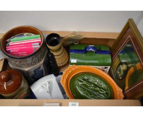 An Appolia France earthenware tureen in green and ochre having holly leaf decoration, a large Rumtopf storage jar (missing li