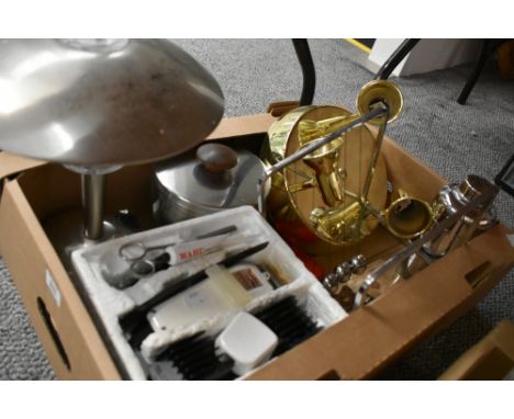 A miscellaneous selection of items including a modern brass ceiling light, a solar table lamp, a set of Wahl hair clippers an