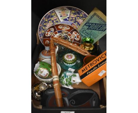 Two Imari style plates, a vintage German illustrated tourist map of the Rhine, a Librasco frog, a Celtic bird slate carving b