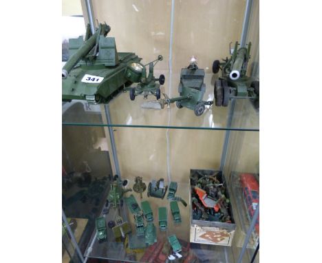 SHELF OF PLAYWORN DIECAST D AND PLASTIC SOLDIERS DINKY AND OTHER MAINLY ARMY VEHICLES