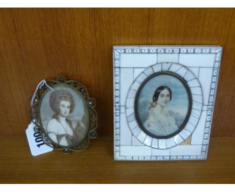 TWO PORTRAIT MINIATURES, ONE PENWORK FRAMED 19TH CENTURY LADY, MONOGRAMMED F.M AND A BRASS AND SIMULATED PEARL FRAMED MAIDEN 