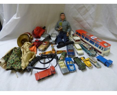 ASSORTMENT OF DIECAST MODEL VEHICLES, DINKY VEGA MAJOR LUXURY COACH, ACTION MAN TOY WITH ACCESSORIES ETC (PLAYWORN CONDITION)