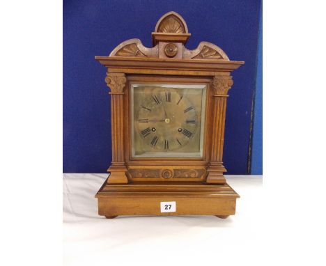 LATE 19TH CENTURY WALNUT BRASS FACE MANTEL CLOCK ANTHEMIUM PEDIMENT & FLUTED COLUMNS