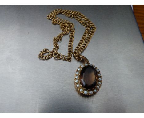 9CT GOLD MOUNTED SMOKEY QUARTZ AND SEED PEARL CLUSTER IN BELCHER LINK CHAIN 13.8G OVERALL
