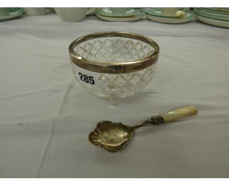 HM BIRMINGHAM SILVER RIMMED CUT GLASS BOWL AND A HM SHEFFIELD SILVER MOTHER OF PEARL HANDLED JAM SPOON 