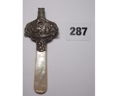 HM BIRMINGHAM SILVER BABY'S RATTLE/CHILDRENS WHISTLE WITH INSCRIPTION READING: HEY DIDDLE DIDDLE' AND MOTHER OF PEARL HANDLE 