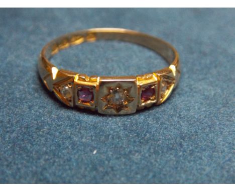 LADIES 18CT YELLOW GOLD RUBY AND DIAMOND CHIP VICTORIAN RING, SIZE O, 2.6G APPROX