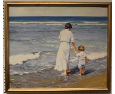 R Luna ( 20th century A mother and child paddling by the sea. Oil on canvas, signed lower left. 46 x 54cm