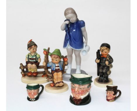 A Copenhagen B and G figure, ' Crying over spilt milk' 18cm, three Hummel figures and three Doulton character jugs