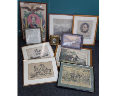 Nine various prints of Napoleon Bonaparte related items including battle scenes, newspaper cuttings, a framed portrait miniat
