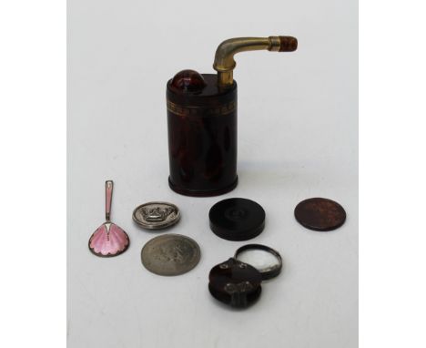 An early 20th century Tortoiseshell and brass heavy trumpet of unusual design, a cased rosewood seal case, a folding magnifyi