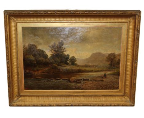 Horatio R Hollingdale (1854/1934). A broad river landscape, with figures on the rear bank, dwellings and mountains beyond. Oi