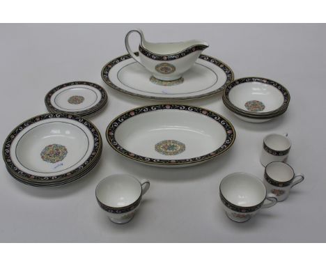 A Wedgwood Runnymeade dinner and tea service, comprising eight dinner, salad and side plates, eight soup and eleven dessert b