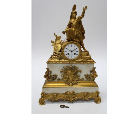 A large ormolu and Carrara marble mantel clock the case possibly by Louis-Stanislas Lenoir-Ravrio. Stamped LR within a diamon