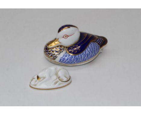 A Crown Derby Duck (gold Edition) together with a Royal Worcester Pointer.