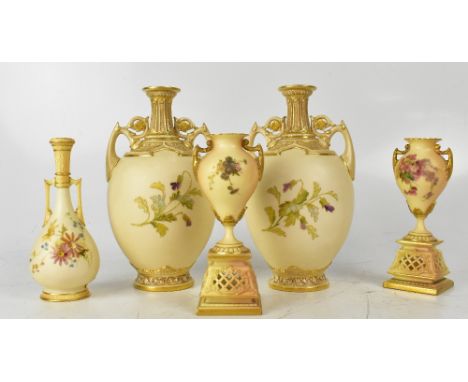 ROYAL WORCESTER; a pair of late 19th century 1200 shape blush ivory twin-handled vases, height 23cm, together with a small sl