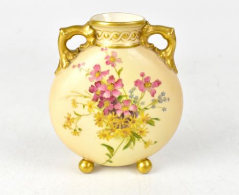 ROYAL WORCESTER; a blush ivory gilt-heightened moon flask decorated with flowers, green mark to base and no.553, height 13.5c