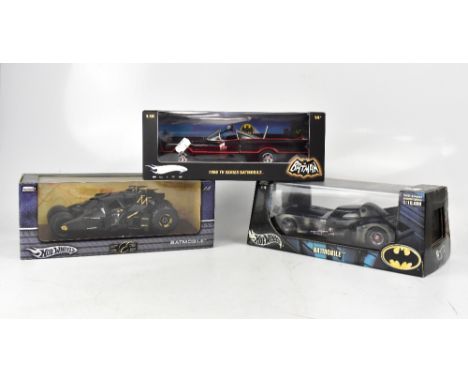 HOTWHEELS; three scale 1:18 boxed Batmobile models to include a 1966 TV series example (3).