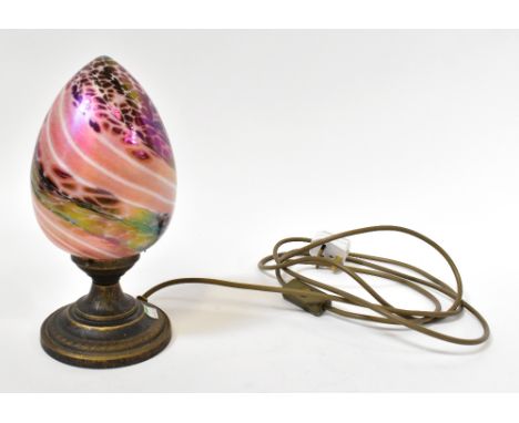 HERON; a contemporary table lamp with iridescent egg-shaped shade, on brass-effect socle base, height 26cm. CONDITION REPORT: