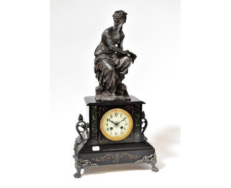 A 19th century slate marble inlaid eight day clock with spelter young woman to the top, the ceramic dial set with Arabic nume