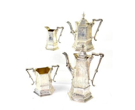 An impressive Victorian hallmarked silver four-piece tea set in the Gothic style, comprising coffee pot, height 34cm, teapot,