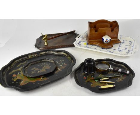 A collectors' lot to include an oak letter organiser with pen guide, a Bakelite ashtray, a modern unicorn candle snuffer, thr