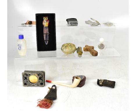 A collectors' lot to include trinket boxes, lighters, wooden cross, pipe, stamps, badges, cufflinks, coins and bank notes, a 