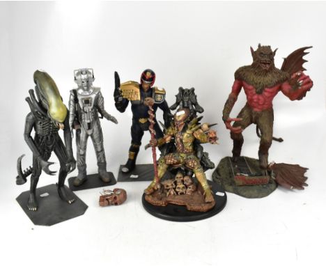 SCI-FI; five models from various Sci-Fi films, to include 'Judge Dredd' height 37cm (af), 'Doctor Who Cyberman', 'Alien', 'Pr