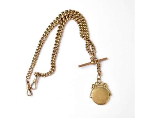 A Victorian rose gold watch guard chain with T-bar and two swivel clasps, length 34cm, and a circular swivel locket with brac